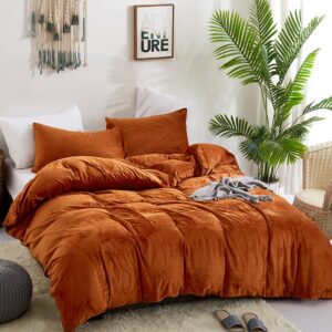 CLOTHKNOW Burnt Orange Duvet Cover Set Queen Rust Velvet Bedding Sets Full Terracotta Bedding Flannel Bedding Duvet Cover Women Men Bedding Orange Bedding 3Pcs Comforter Cover Sets Queen