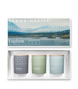 skandinavisk explore giftset of 3 mini scented candles. fjÄll ‘highland’, fjord, and Øy 'island'. vegan formula. 3 x 2.3 oz.