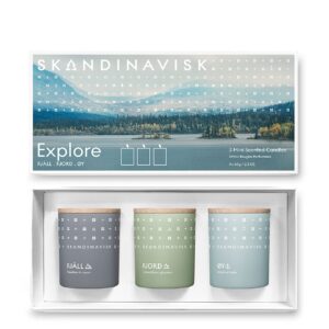 Skandinavisk Explore Giftset of 3 Mini Scented Candles. FJÄLL ‘Highland’, Fjord, and ØY 'Island'. Vegan Formula. 3 x 2.3 oz.