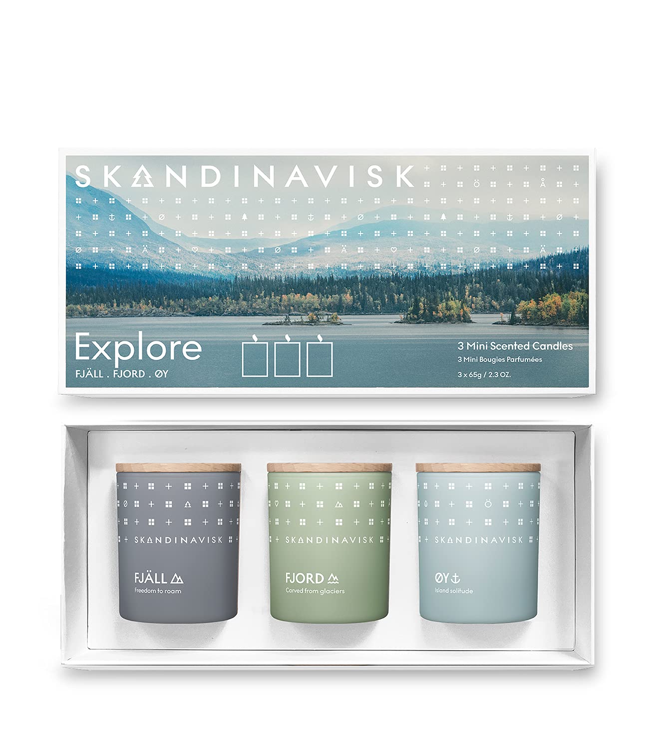 Skandinavisk Explore Giftset of 3 Mini Scented Candles. FJÄLL ‘Highland’, Fjord, and ØY 'Island'. Vegan Formula. 3 x 2.3 oz.