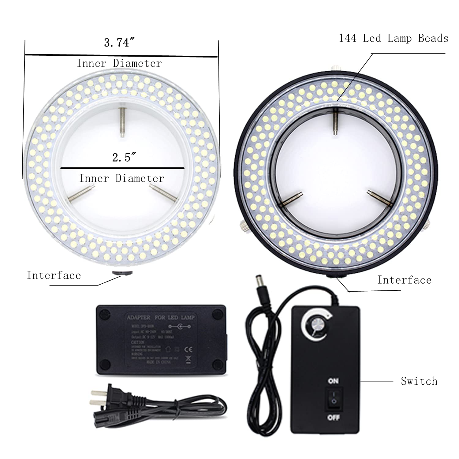 Microscope 144 Led Ring Light Adjustable Illuminator,Microscope Light Source for Lab Stereo Microscope,with Industry Power Adapter for Eg-sm Eyepiece Eyeshields Or Eye-Guards (Black)