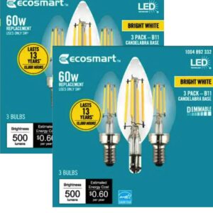 EcoSmart 60-Watt Equivalent B11 Dimmable Energy Star Clear Glass Filament LED Vintage Edison Light Bulb Bright White (6-Pack)