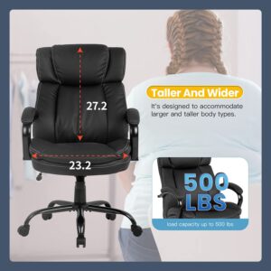 Big and Tall Office Chair 500lbs Wide Seat Ergonomic PU Leather Desk Chair Adjustable Rolling Swivel Executive Computer Chair with Lumbar Support Headrest Task Office Chairs for Heavy People (Black)