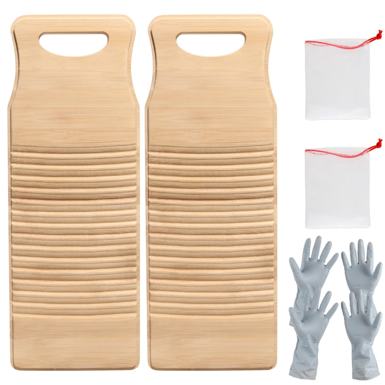 PINGEUI 2 Pack Bamboo Washboard, Anti-slip Wood Washing Clothes Washboard, Washboard for Laundry, Included 2 Pair Rubber Gloves and 2 Soap Net