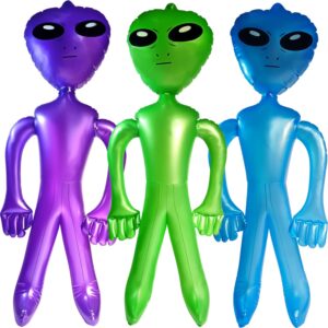 vlish 3 inflatable alien - pack of 3 jumbo - green, purple and blue inflate martian aliens toy for all ages, great for halloween party decorations and birthday, area 51-32" x 12"