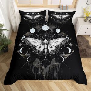 death moth duvet cover set queen size galaxy sun and moon comforter cover boho gothic skull bedding set 3pcs for kids boys teens room decor black and white quilt cover with 2 pillowcases, no comforter