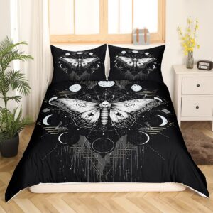 Death Moth Duvet Cover Set Queen Size Galaxy Sun and Moon Comforter Cover Boho Gothic Skull Bedding Set 3pcs for Kids Boys Teens Room Decor Black and White Quilt Cover with 2 Pillowcases, No Comforter