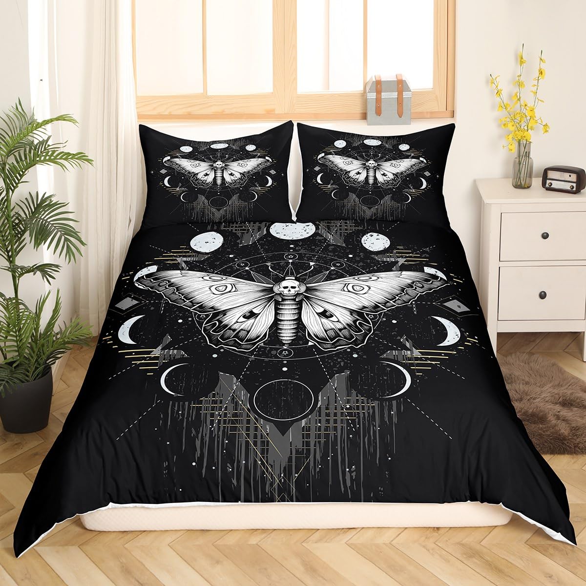 Death Moth Duvet Cover Set Queen Size Galaxy Sun and Moon Comforter Cover Boho Gothic Skull Bedding Set 3pcs for Kids Boys Teens Room Decor Black and White Quilt Cover with 2 Pillowcases, No Comforter