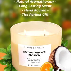 Coconut Orange Blossom 3 Wick Candle | Highly Scented Soy Candles for Home 15.8 oz, Summer & Tropical Scented Candle | Aromatherapy Stress Relief Candle, Relaxing Clean Burning Candle for Women & Men