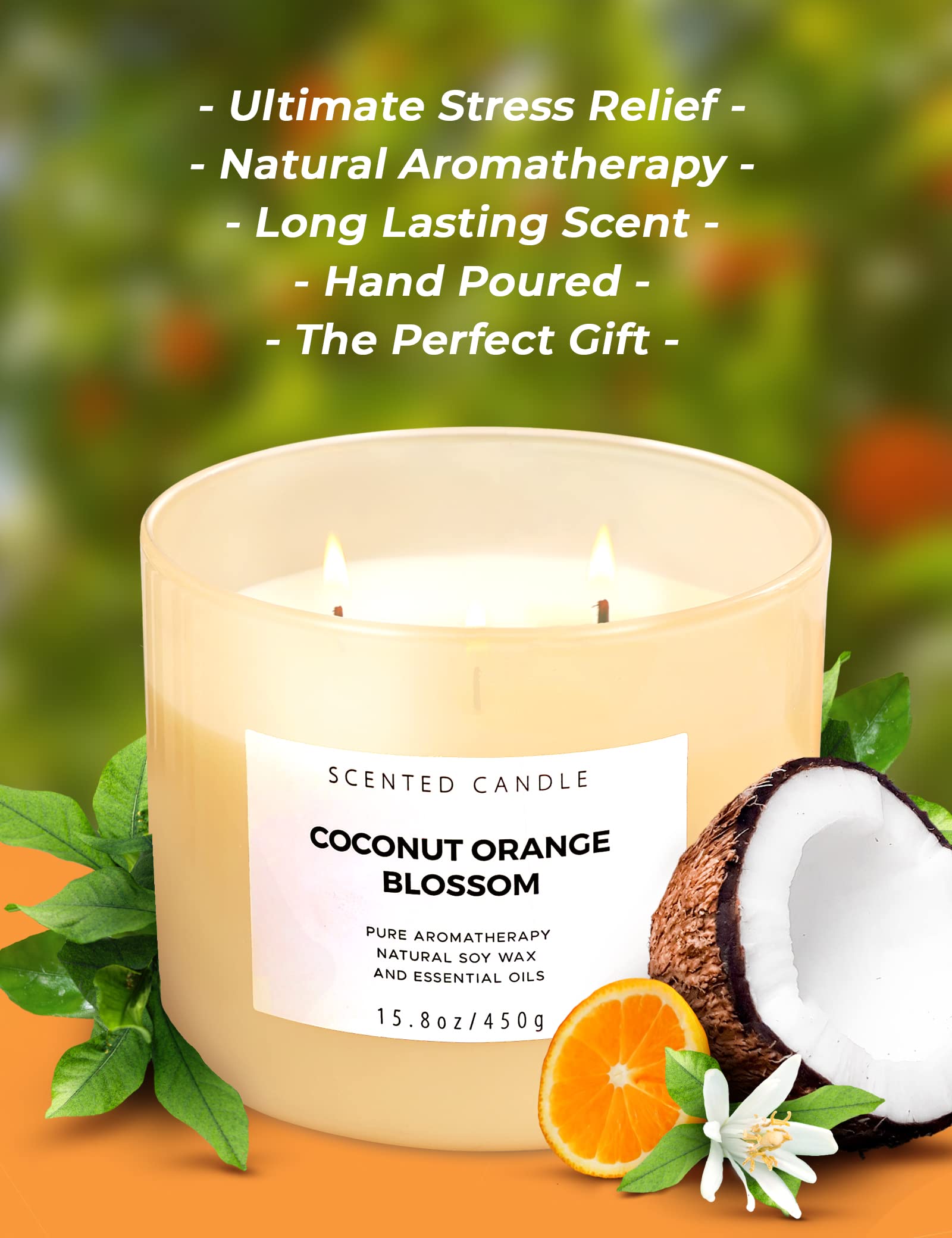 Coconut Orange Blossom 3 Wick Candle | Highly Scented Soy Candles for Home 15.8 oz, Summer & Tropical Scented Candle | Aromatherapy Stress Relief Candle, Relaxing Clean Burning Candle for Women & Men