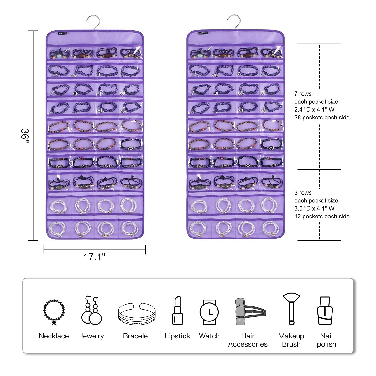 ANZORG 80 Pockets Hanging Jewelry Organizer for Holding Jewelries Dual-Sided Accessory Display Holder for Earrings Bracelets Rings (80 Pockets-Purple)