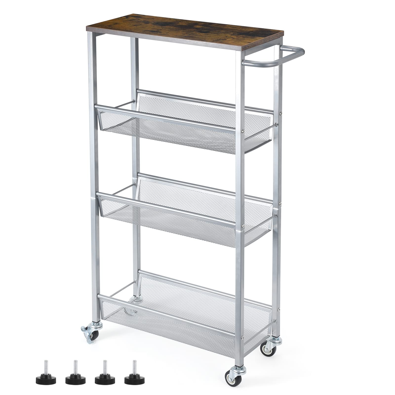 NANANARDOSO Slim Rolling Cart, Narrow Cart with Wood Top, 7.3'' Deep, Metal Handle and Wire Mesh Kitchen Cart for Narrow Space on Kitchen, Bathroom, Silver.