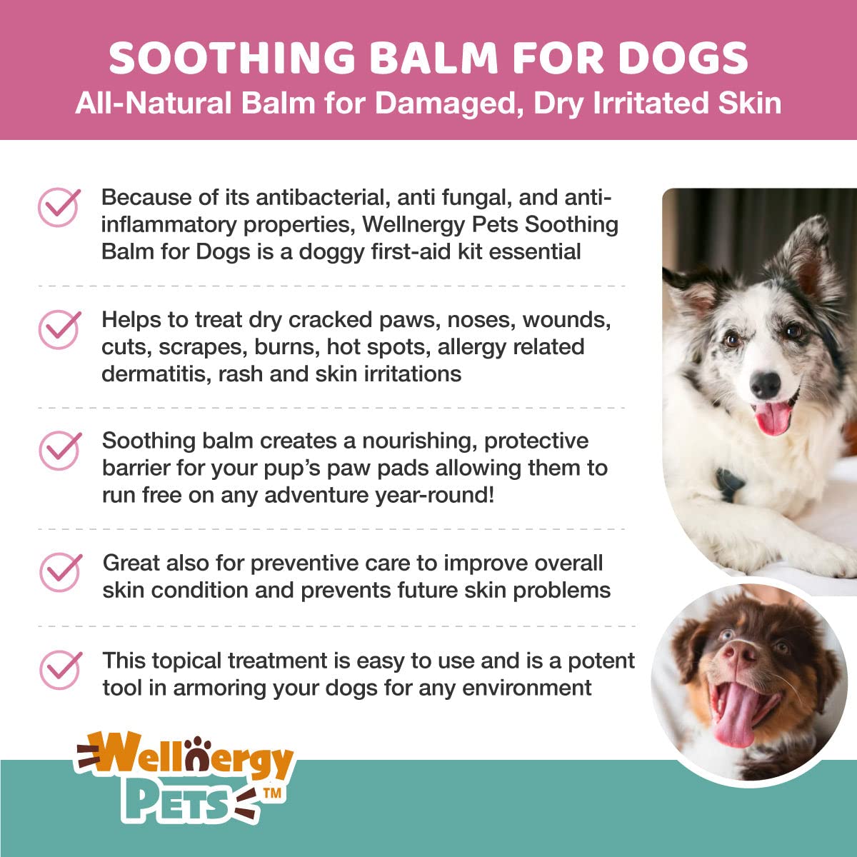 Wellnergy Pets Soothing Balm for Dogs - Natural Paw Protection and Skin Soother for Dry Paw Pads and Noses - Vet Formulated Elbow Butter and Dog Foot Cream - Dog Snout Balm and Dog Feet Moisturizer