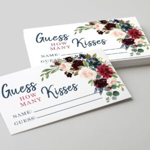 Your Main Event Prints Burgundy and Navy How Many Kisses Game Sign and Cards Great for Bridal Showers and Weddings, Neutral Floral