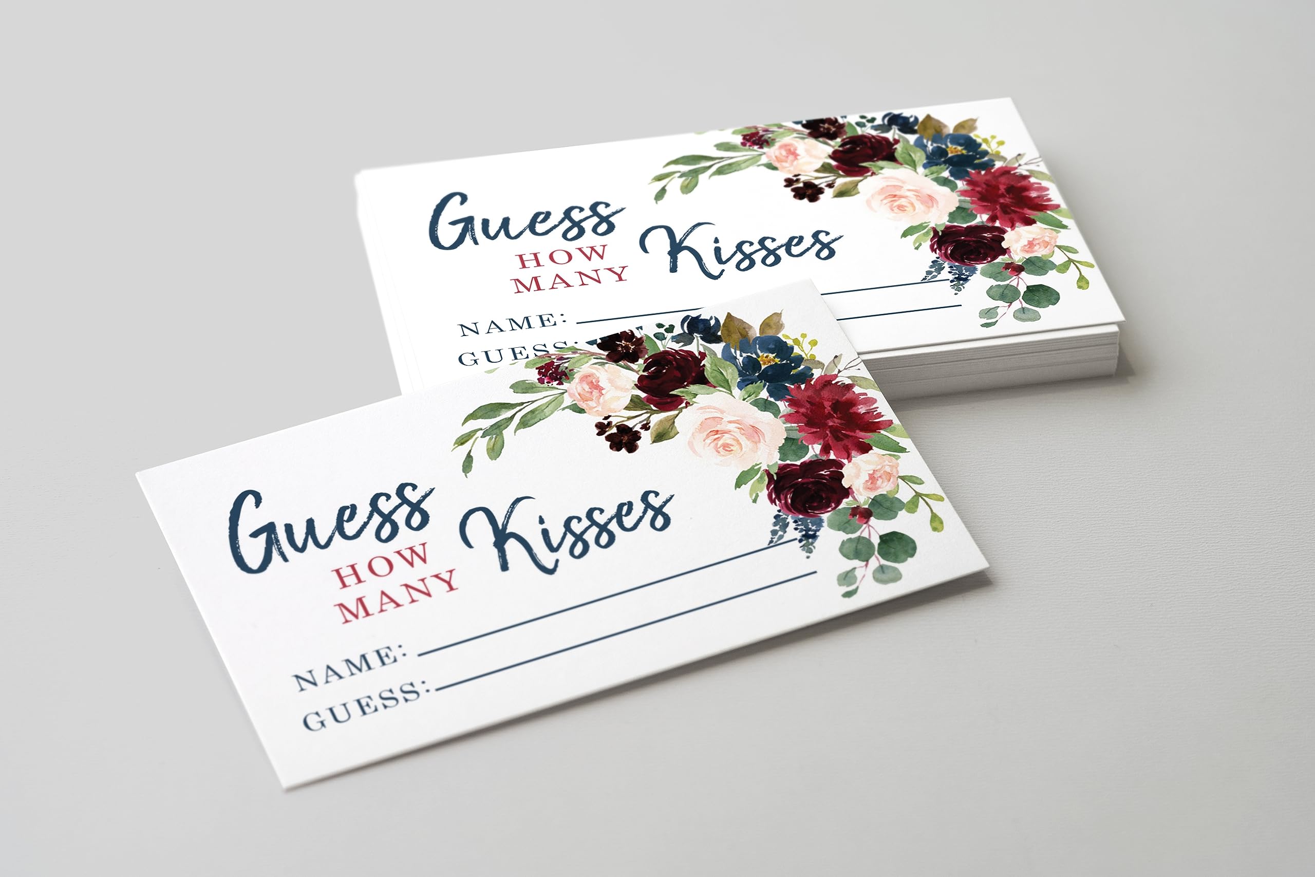 Your Main Event Prints Burgundy and Navy How Many Kisses Game Sign and Cards Great for Bridal Showers and Weddings, Neutral Floral