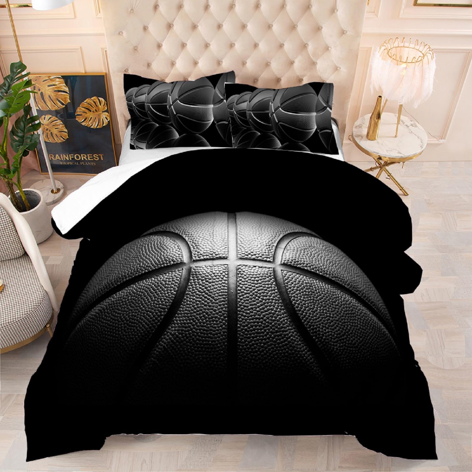 kxry Basketball Comforter Set King Size Black Basketball Sports Theme Bedding for Boys Kids Teens 3D Quilt 1 Comforter + 2 Pillow Cases