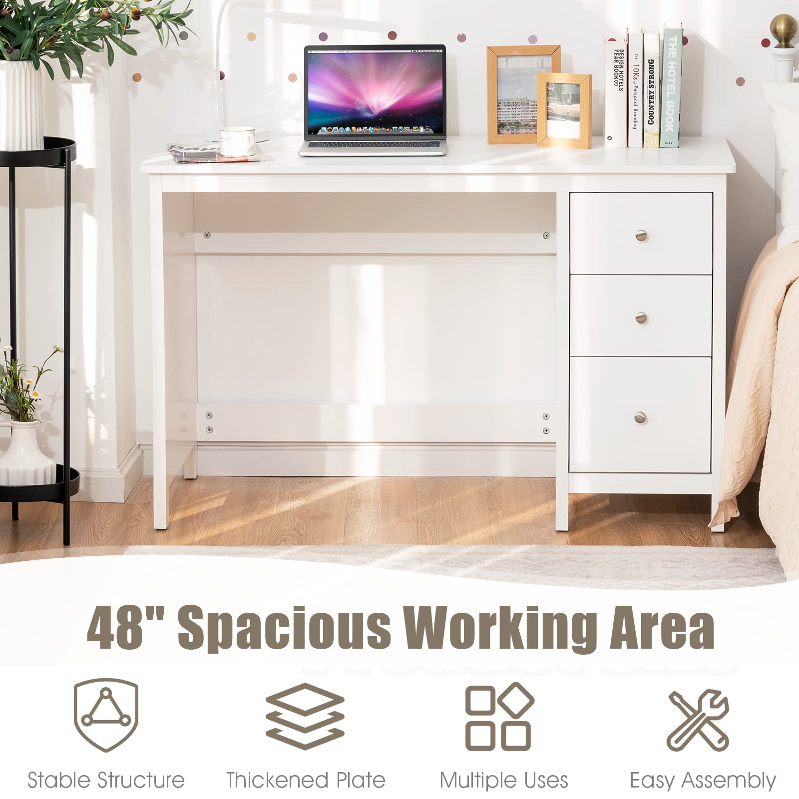 Tangkula White Desk with Drawers, Modern Home Office Computer Desk with Storage Drawers & Spacious Desktop, Compact Writing Study Desk Laptop Desk for Bedroom, Multipurpose Workstation