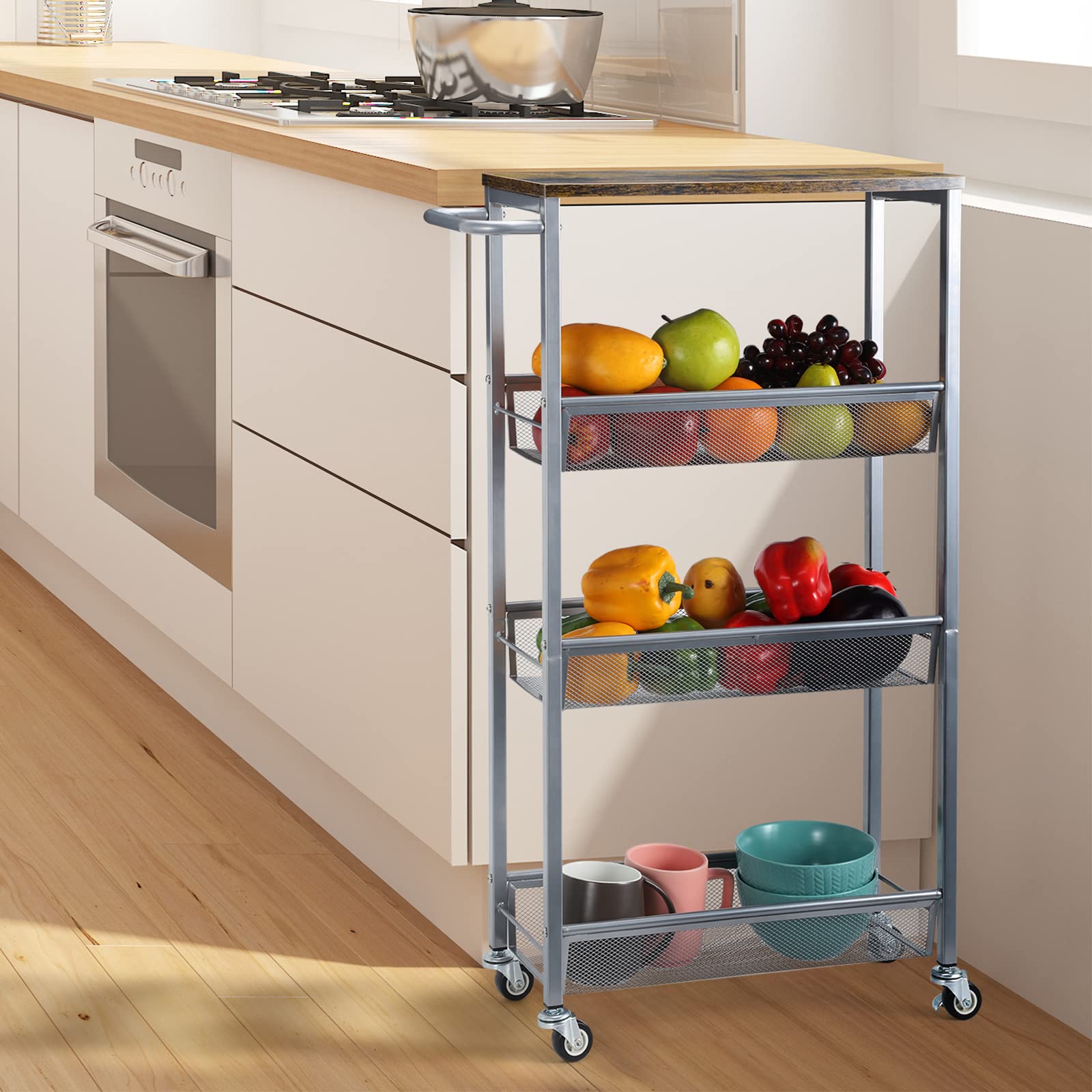 NANANARDOSO Slim Rolling Cart, Narrow Cart with Wood Top, 7.3'' Deep, Metal Handle and Wire Mesh Kitchen Cart for Narrow Space on Kitchen, Bathroom, Silver.