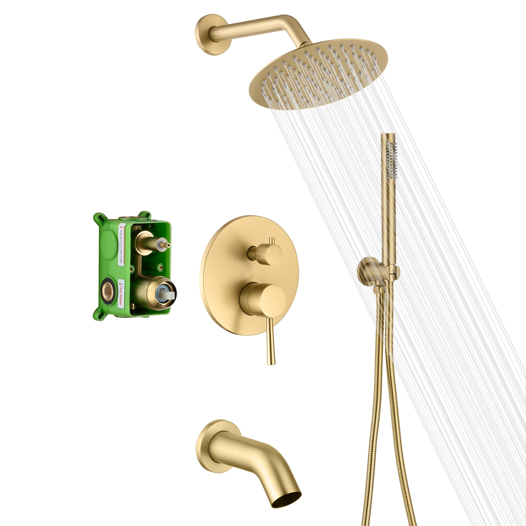 SUMERAIN Shower System with Tub Spout and Handheld Shower, Brass Rain Shower Tub Set with 8 Inches Shower Head and Rough in Valve Brushed Gold