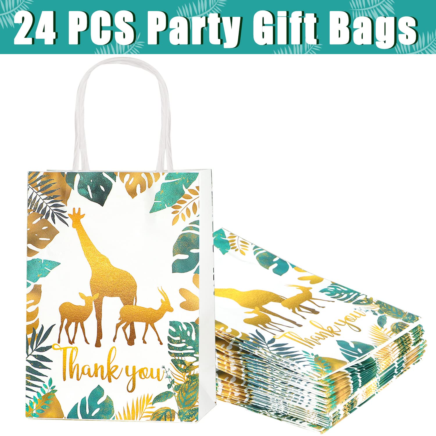 Jungle Safari Party Favor Bags 24 Pcs Jungle Animal Theme Candy Treat Bags Thank You Paper Gift Bags with Handles for Baby Shower Birthday Party