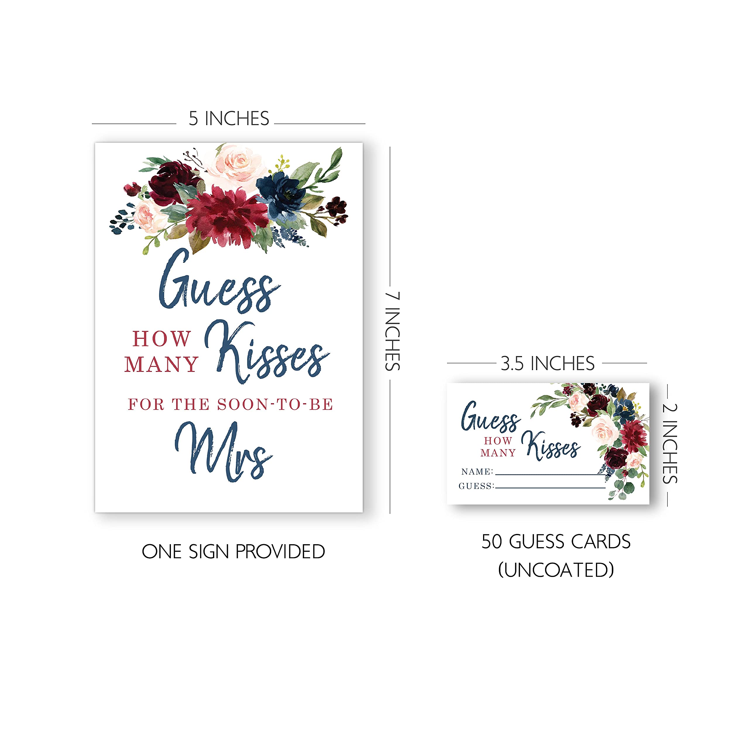 Your Main Event Prints Burgundy and Navy How Many Kisses Game Sign and Cards Great for Bridal Showers and Weddings, Neutral Floral