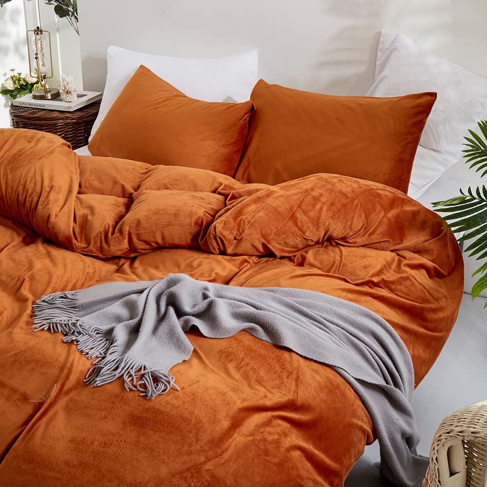 CLOTHKNOW Burnt Orange Duvet Cover Set Queen Rust Velvet Bedding Sets Full Terracotta Bedding Flannel Bedding Duvet Cover Women Men Bedding Orange Bedding 3Pcs Comforter Cover Sets Queen