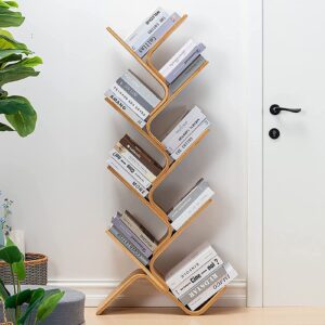 bamboo tree bookshelf, 8-tier wood bookcase, free standing book organizer shelves, books/albums/files holder display storage rack space saver for living room bedroom-log 55x23x5inch