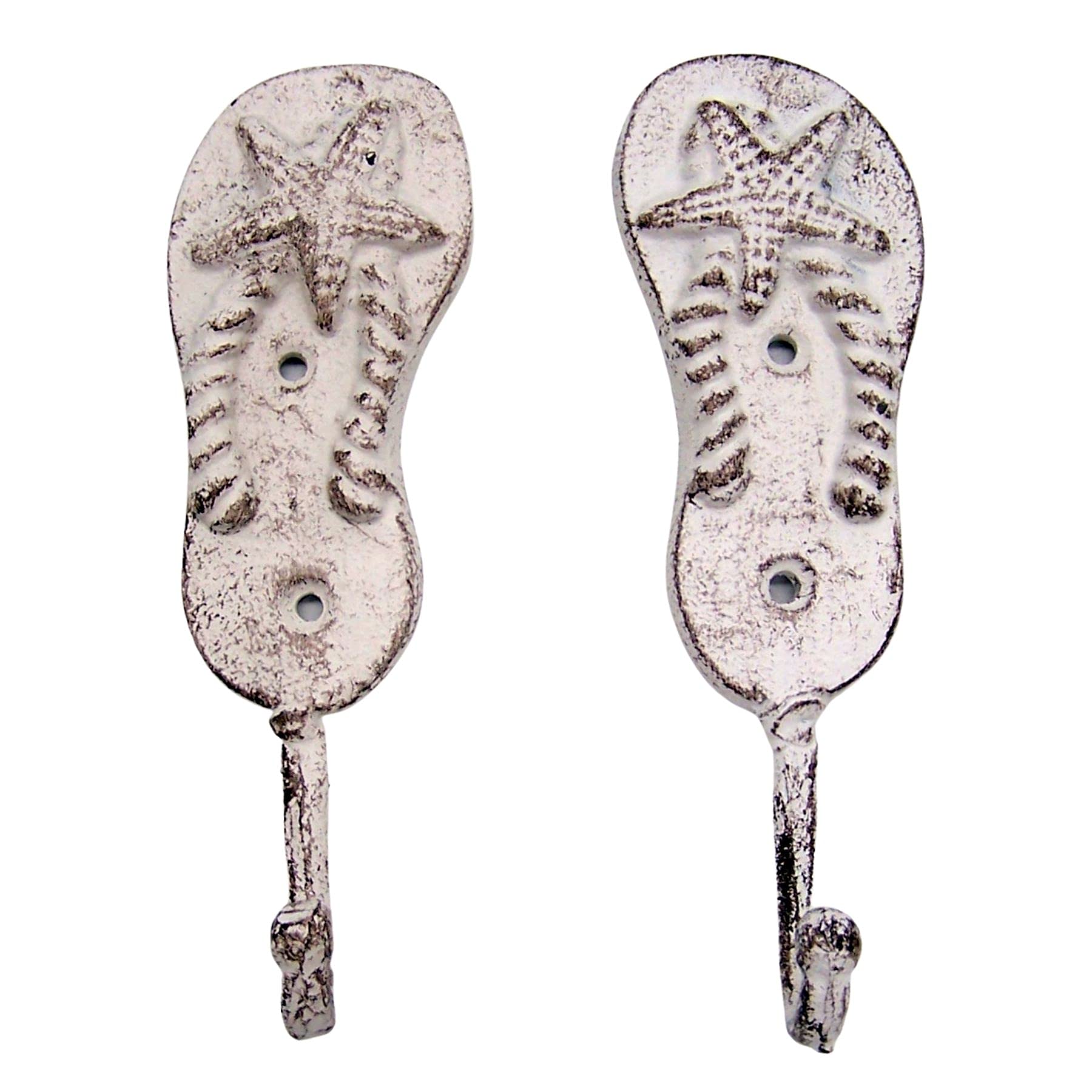 Cast Iron Pair of White Washed Flip Flop Wall Hooks, Beach Themed Décor, Set of 2, 6.5 Inches