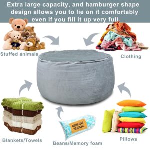 BCHWAY Stuffed Animal Storage Bean Bag Chair Cover, Plush Toys Organizer Holder, Beanbag Chairs Cover with Handle and Hidden Zipper for Kids Boys Girls X-Large Super Soft Premium Velvet-Grey