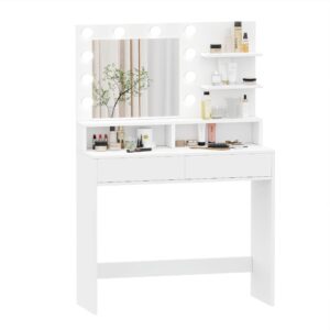 reettic vanity table with lighted mirror and shelf, makeup vanity desk with drawers, bedroom dressing table,10 light blubs & adjustable brightness, white rszt103w