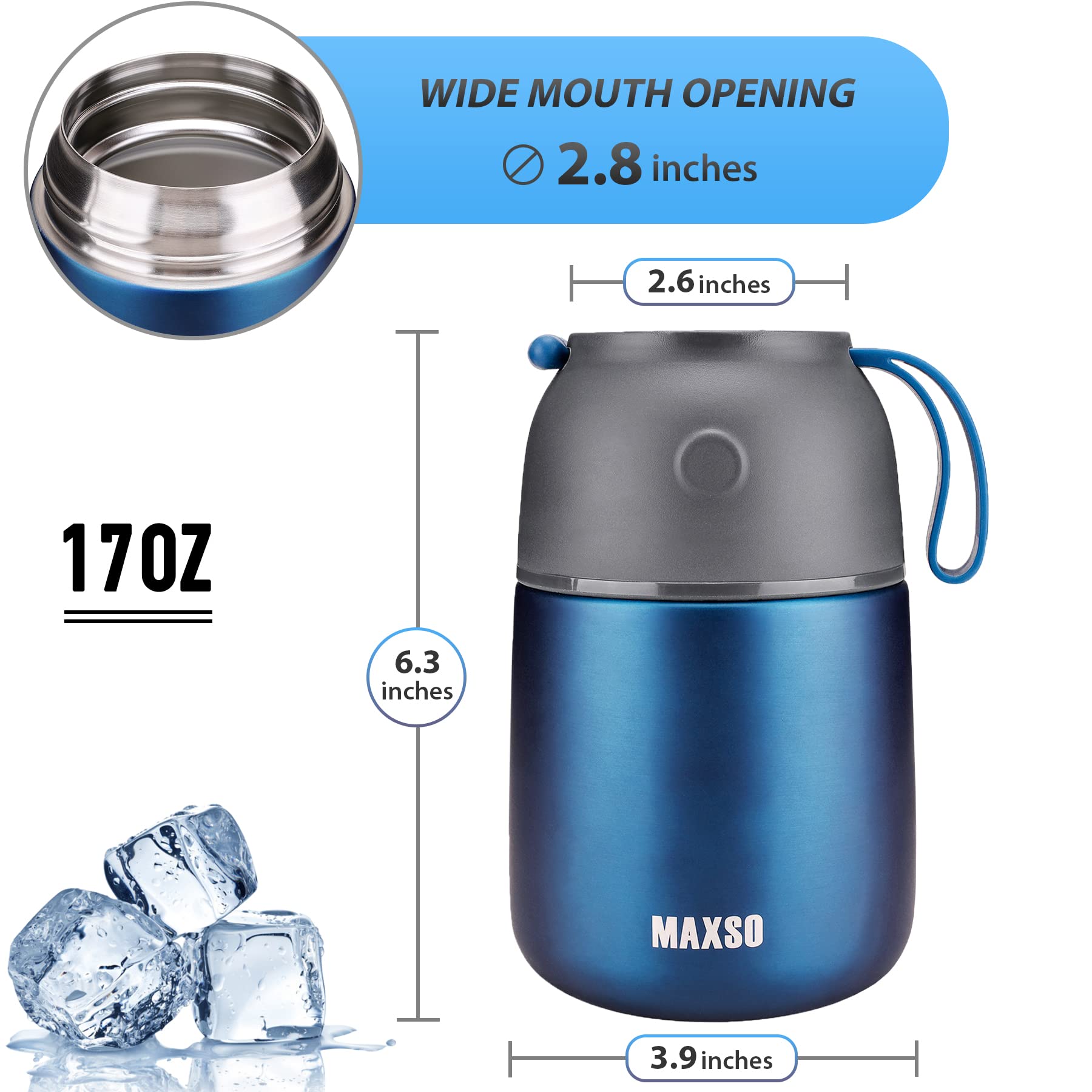 MAXSO Soup Thermo for Hot & Cold Food for Adults Kids, 17 oz Vacuum Insulated Steel Lunch Container Bento Box with Spoon, Leakproof Thermal Food Jar for School Office Travel - Dark Blue