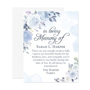 hello love goods light blue and white floral in loving memory funeral thank you cards, personalized sympathy acknowledgement cards, 4.25x5.5 flat bereavement notes with envelopes