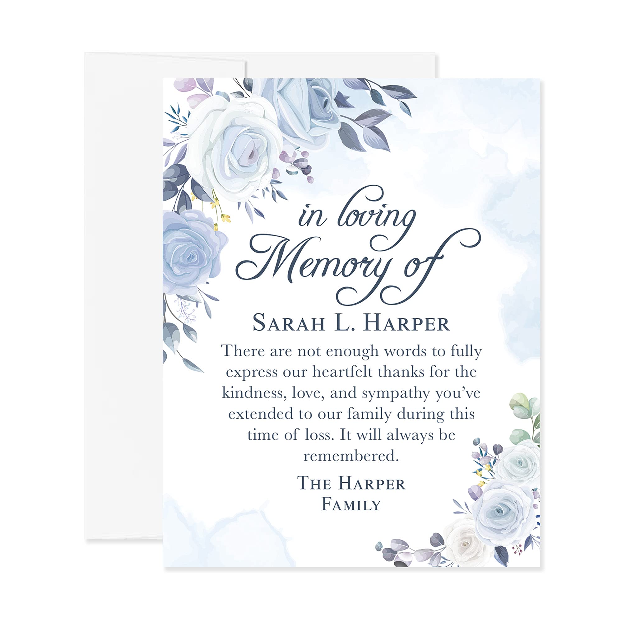 Hello Love Goods Light Blue and White Floral In Loving Memory Funeral Thank You Cards, Personalized Sympathy Acknowledgement Cards, 4.25x5.5 Flat Bereavement Notes with Envelopes