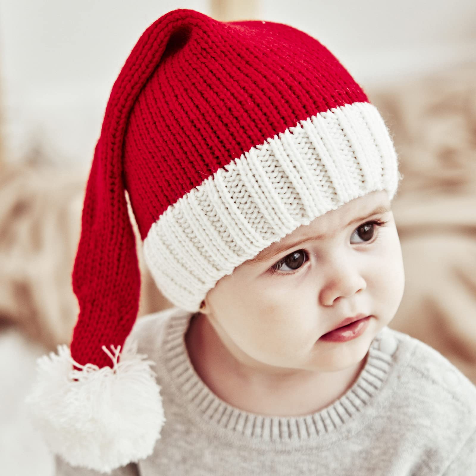 Christmas Hat for Kids, Santa Hat Winter Hat for Baby Slouchy Beanie Windproof Warm Knit Christmas Decoration Cap Red