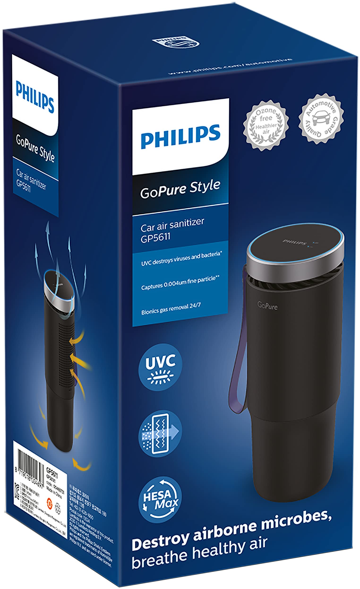 Philips GoPure GP5611 Small Portable HEPA Air Purifier with LED UVC Purification, for Car, Truck, RV/Camper, Reducing Allergens, Bad Smells, Smoke, Pet Odors, Bacteria, Viruses,Black