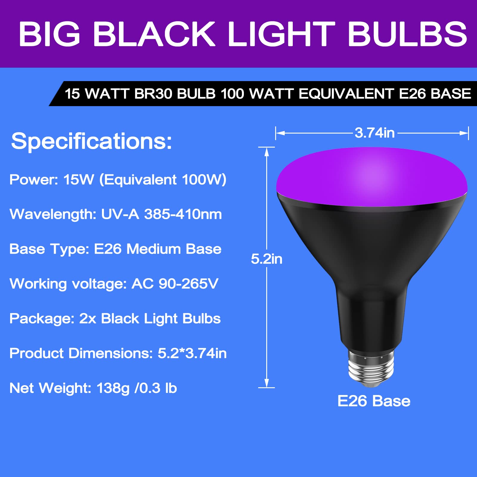 BR30 UV Black Light Bulbs 2 Pack for Glow Party -15W (100w Equivalent) E26 UVA 385-410 nm, Big LED Blacklight Flood Light Bulb for Room, Body Paints, Fluorescent Poster, Halloween, Blacklight Party