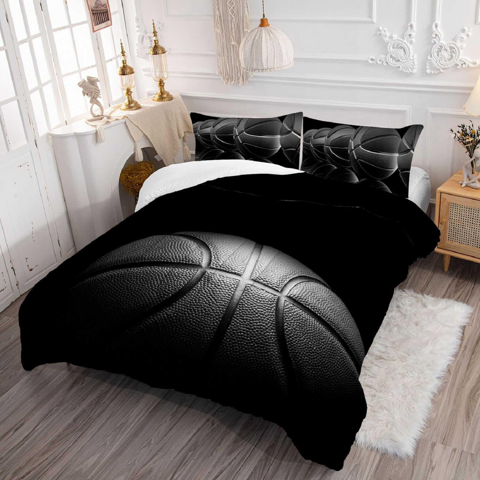 kxry Basketball Comforter Set King Size Black Basketball Sports Theme Bedding for Boys Kids Teens 3D Quilt 1 Comforter + 2 Pillow Cases