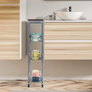 NANANARDOSO Slim Rolling Cart, Narrow Cart with Wood Top, 7.3'' Deep, Metal Handle and Wire Mesh Kitchen Cart for Narrow Space on Kitchen, Bathroom, Silver.