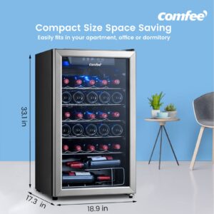 COMFEE' CRW29S3AST Freestanding Wine Cellar, 29 Bottle Wine Cooler Refrigerators, Quiet Operation Compressor, Glass Door Stainless Steel Frame For Red&White Wine&Beer,Black