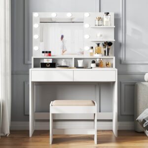 Reettic Vanity Table with Lighted Mirror and Shelf, Makeup Vanity Desk with Drawers, Bedroom Dressing Table,10 Light Blubs & Adjustable Brightness, White RSZT103W