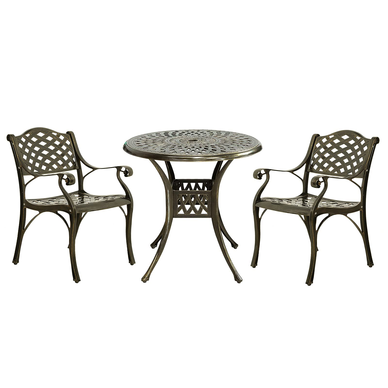 MEETWARM 3 Piece Patio Bistro Set, Outdoor All-Weather Cast Aluminum Dining Furniture Set Includes 2 Chairs and a 31” Round Table with Umbrella Hole for Garden Deck