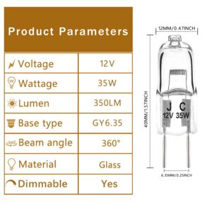 GY6.35 Halogen Light Bulbs 35W 12V 2Pin Bulb T4 Type Dimmable 2700K Warm White(Pack of 10)