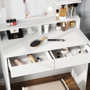 Reettic Vanity Table with Lighted Mirror and Shelf, Makeup Vanity Desk with Drawers, Bedroom Dressing Table,10 Light Blubs & Adjustable Brightness, White RSZT103W