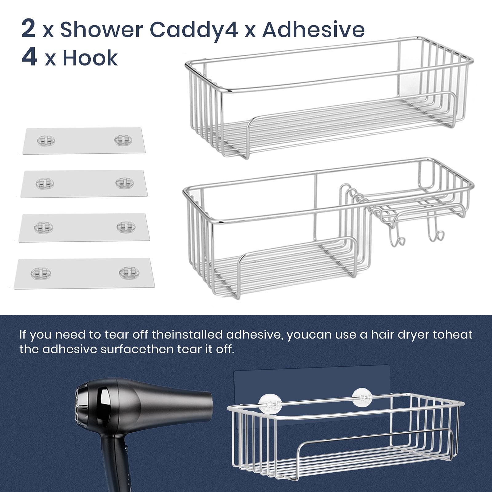 COSYLAND 2-Pack SUS304 Stainless Stee1 Adhesive Shower Caddy Hanging Basket Shelf, Rustproof Bathroom Shower Racks Bathroom Organizer in Shower (Chrome)