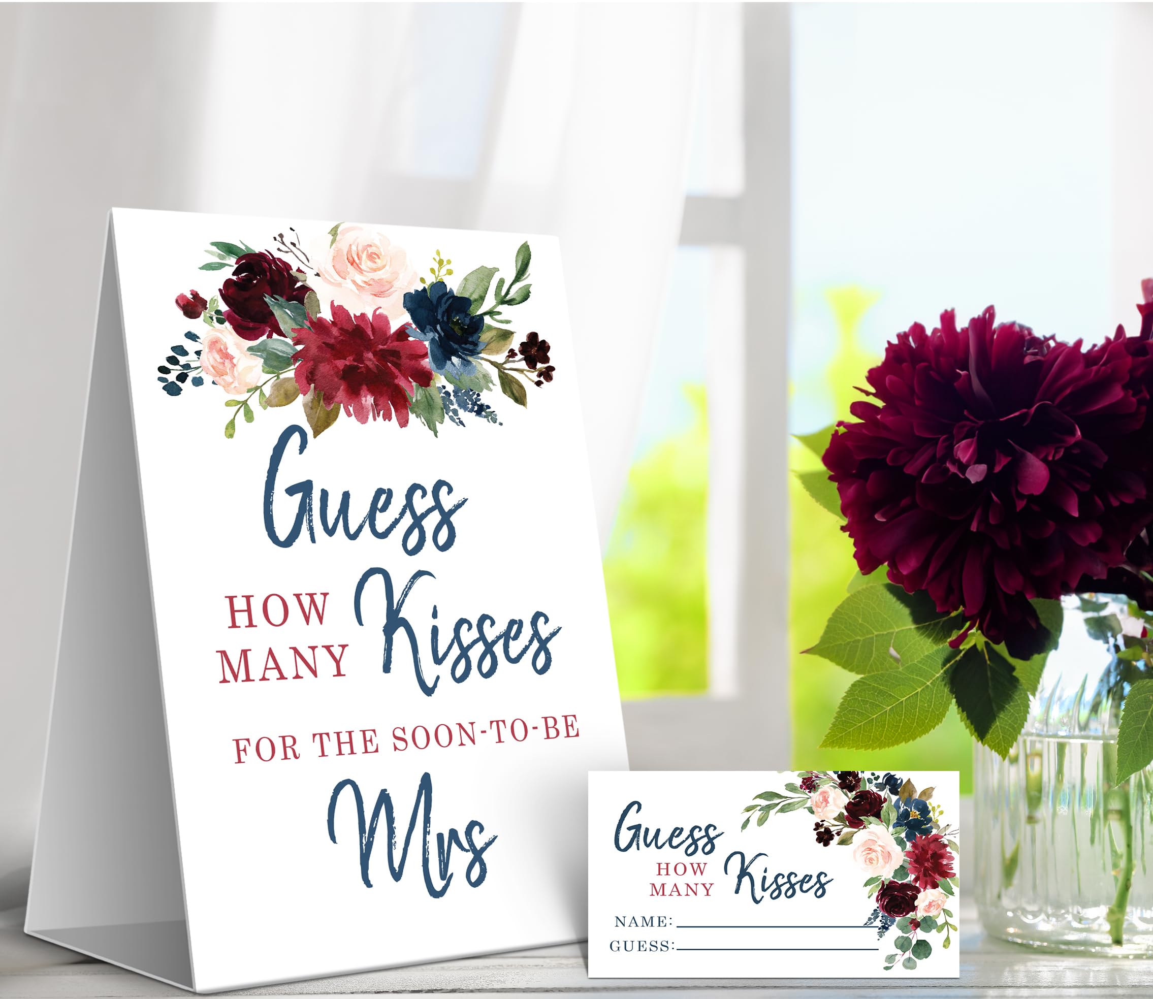 Your Main Event Prints Burgundy and Navy How Many Kisses Game Sign and Cards Great for Bridal Showers and Weddings, Neutral Floral