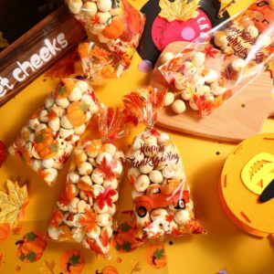 160 Pieces Thanksgiving Treat Bags Fall Cellophane Bags Plastic Happy Thanksgiving Pumpkin Fall Leave Turkey Sign Gift Bags with 160 Gold Twist Ties for Thanksgiving Fall Autumn Theme Party Supplies