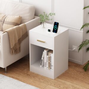 LAPTAIN Nightstand with Charging Station, End Side Table with Storage Drawer and Open Cabinet, Bedside Table for Bedroom, White