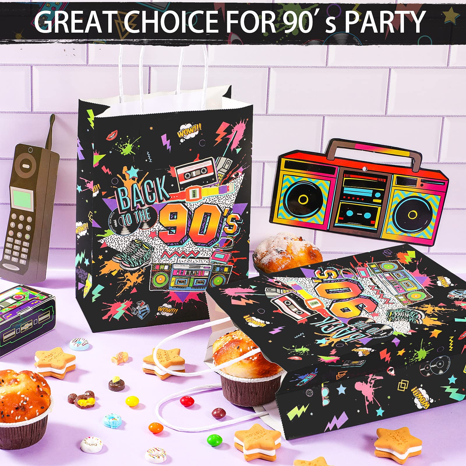 16 Pieces 90s Birthday Gift Bag Bulk Back to The 90s Party Decorations Retro 1990s Themed Party Favor Bags 90s Candy Bar Bags 90s Themed Goodies Treat Bags for 90s Birthday Disco Party Supplies