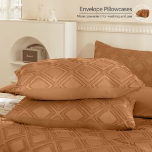 JELLYMONI Duvet Cover King, Rust Microfiber Tufted Duvet Cover Set, Boho Textured Duvet Cover Jacquard Rhombus Geometric Pattern Duvet Cover with Corner Ties & Zipper Closure