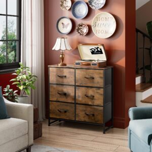 WLIVE 6 Drawer Dresser for Bedroom, Fabric Double Dresser, Storage Tower with Fabric Bins, Chest of Drawers for Closet, Living Room, Hallway, Rustic Brown Wood Grain Print